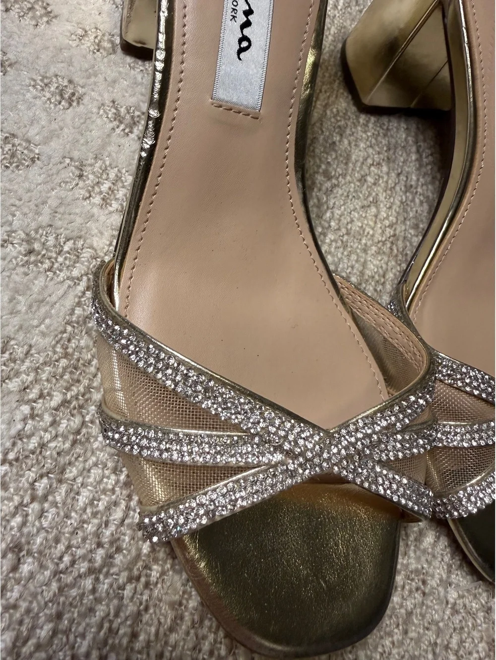 Nina Gold Rhinestone Ankle Strap Block Heel Sandals